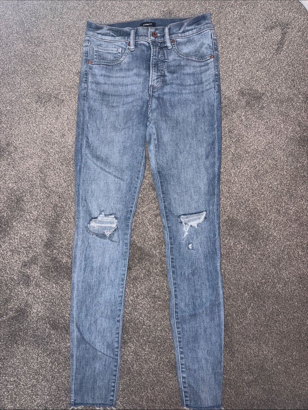 Express Women's Light Blue Distressed Skinny Jeans